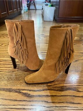 Vintage Predictions Suede Fringe Boots Sz 9.5 Brown Y2K 90s Coastal Cowgirl Boho